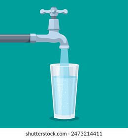 Water tap with glass. Kitchen faucet. Glass of clean water. Filling cup beverage. Pouring fresh drink. Vector illustration in flat style