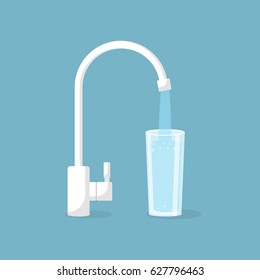 Water tap with glass. Kitchen faucet. Glass of clean water. Vector illustration flat design. Isolated on background. Filling cup beverage. Pouring fresh drink.