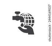 Water tap with hand and globe vector icon. filled flat sign for mobile concept and web design. Clean Water Initiative glyph icon. Symbol, logo illustration. Vector graphics