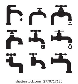 Water Tap Icon Collection Set with Different Faucet Styles