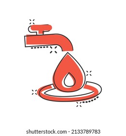 Water tap icon in comic style. Droplet cartoon vector illustration on white isolated background. Faucet falling splash effect sign business concept.