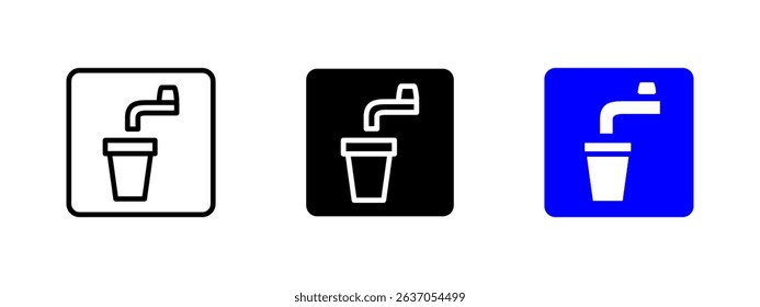 Water tap icon. Faucet pouring clean water into cup vector illustration. Indicates safe drinking and hydration symbol. Public tap water sign. Potable water pictogram.