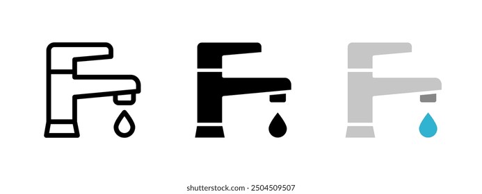 Water tap icon. Faucet vector illustration. Pipe leak with water drop symbol. Plumbing sign. Bathroom tap isolated pictogram.