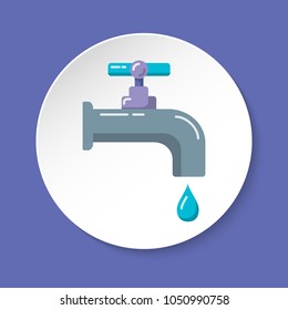Water tap icon in flat style on round button. Colored leaking faucet with liquid drop. Water economy symbol isolated on white.