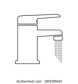 Water tap icon. Isolated element made of black lines on a white background.Water pouring from an open tap. For web pages, design. Vector image. Flat style.