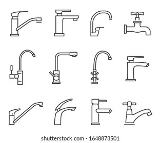 Water Tap Icon, Kitchen And Household Set. Household, Domestic Hygiene For Modern Home Sink Water System. Vector Line Taps Illustration