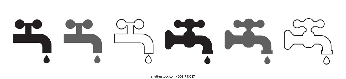 Water tap icon set. Faucet symbol, plumbing sign, drip silhouette, turn off tap concept, old dripping faucet button, vector illustration