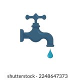 Water tap icon for web. Simple water faucet sign vector design. Faucet with falling drop web icon isolated on white. Garden water tap clipart logo. Faucet with water drops. Garden tools concept eps 10