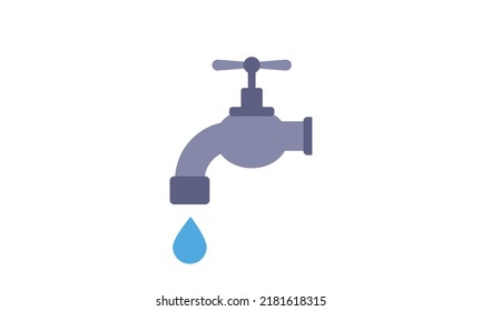 Water tap icon for web. Simple water faucet sign vector design. Faucet with falling drop web icon isolated on white. Garden water tap clipart logo. Faucet with water drops. Garden tools concept