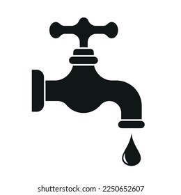 Water tap icon for web. Simple water faucet sign vector design. Faucet with falling drop web icon isolated on white. Garden water tap clipart logo. Faucet with water drops. Garden tools concept eps 10
