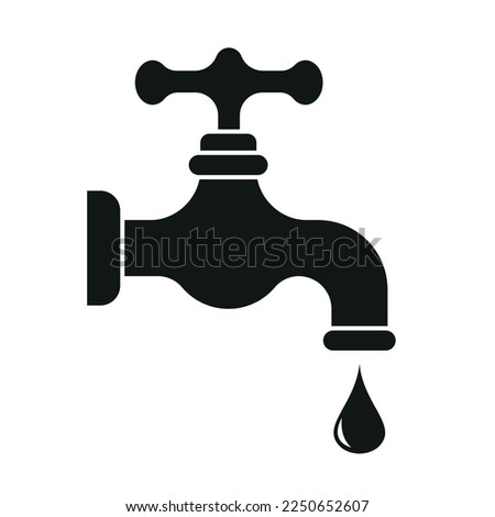 Water tap icon for web. Simple water faucet sign vector design. Faucet with falling drop web icon isolated on white. Garden water tap clipart logo. Faucet with water drops. Garden tools concept eps 10