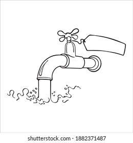 Water tap with label and water drain drop, business symbol presentation element, vector line art 