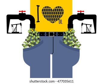 Water tap with money. Oil derrick pumps pipe cash. Pocket with dollars. rich Pants. I love petrol. Income from petroleum sales
