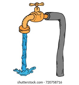 Water Tap On A Pipe With Running Water. Vector Illustration.