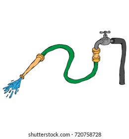 Water tap on a pipe with running water. Water hose connected to a tap. Vector illustration.