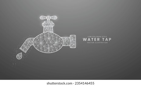 Grifo de agua y flujo de agua de apertura. Guardar el concepto de ecología del agua, ilustración vectorial del estilo de polígono bajo digital moderno