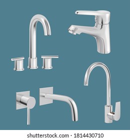 Water tap realistic. Aqua chrome kitchen utensil vector tap