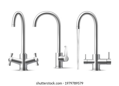 Water tap realistic. Aqua chrome kitchen utensil, steel faucet set with falling water. Metal stainless crane for washbasin in kitchen. 3d vector illustration