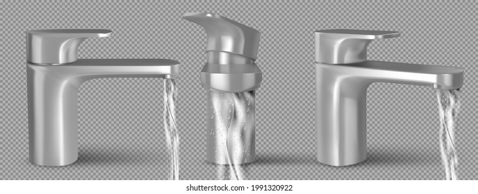 Water tap realistic. Aqua chrome kitchen utensil vector tap