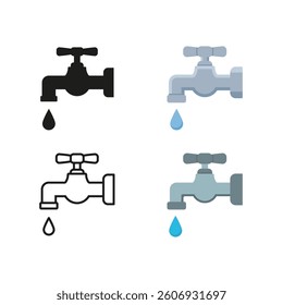 Water tap sign. Plumbing logo. Water tap vector set. Faucet on pipe. Drinking water sign. Isolated tap icon.