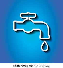 Water tap simple icon. Flat desing. White icon with shadow on blue background.ai