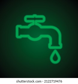 Water tap simple icon. Flat desing. Green neon on black background with green light.ai