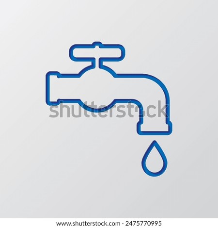 Water tap simple icon. Flat design. Paper cut design. Cutted blue symbol with shadow. Gray background.ai