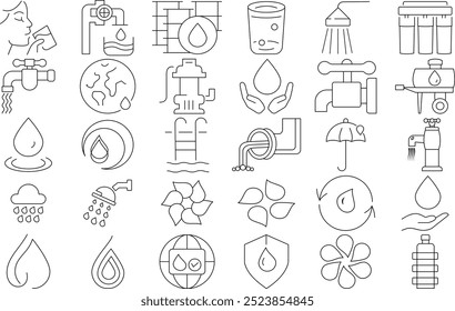 Water Tap, tank, filter, glass and drop icon set for logo and T-Shirt. Thin line art editable stroke.