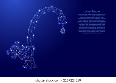 Water tap with valve and drop, from futuristic polygonal blue lines and glowing stars for banner, poster, greeting card. Vector illustration.