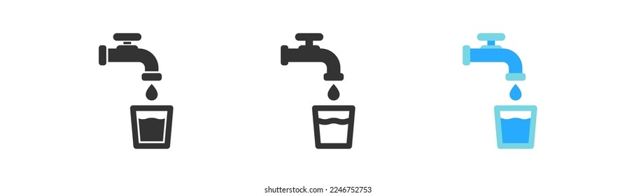 Agua grita con gota de agua y vaso de agua. El agua azul fluye del grifo al vidrio. Símbolo de agua potable.Diseño plano de color. Ilustración vectorial.