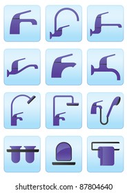 Water taps and bathroom accessories icons set- vector illustration