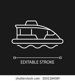 Water taxi white linear icon for dark theme. Traveling across harbour. Water bus. Ferry service. Thin line customizable illustration. Isolated vector contour symbol for night mode. Editable stroke