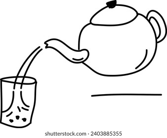 water from the teapot is poured into a glass black line and white background