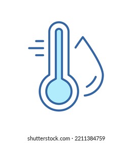 Water Temperature Indicator Line Color Icon. Mercury thermometer and Water Drop Linear Pictogram. Temperature and Humidity Level Outline Icon. Editable Stroke. Isolated Vector Illustration.