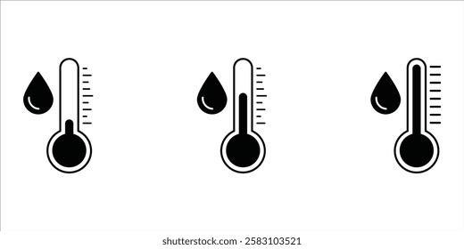 Water Temperature Indicator Silhouette and Line Icon Set. Mercury Thermometer and Water Drop Color Pictogram. Temperature and Humidity Level Sign Collection. Isolated Vector Illustration.
