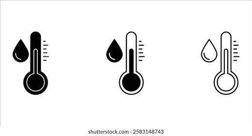 Water Temperature Indicator Silhouette and Line Icon Set. Mercury Thermometer and Water Drop Color Pictogram. Temperature and Humidity Level Sign Collection. Isolated Vector Illustration.