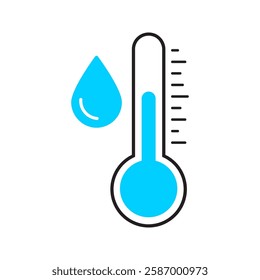 Water Temperature Indicator Silhouette and Line Icon . Mercury Thermometer and Water Drop Color Pictogram. Temperature and Humidity Level Sign Collection. Isolated Vector Illustration.
