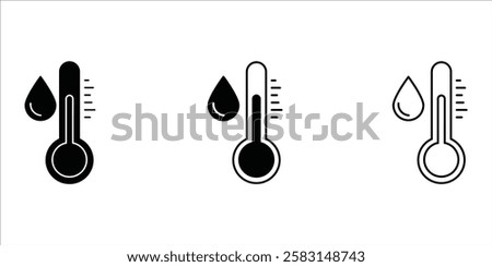 Water Temperature Indicator Silhouette and Line Icon Set. Mercury Thermometer and Water Drop Color Pictogram. Temperature and Humidity Level Sign Collection. Isolated Vector Illustration.