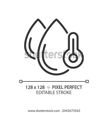Water temperature linear icon. Thermometer and water droplets. Temperature control equipment. Thin line illustration. Contour symbol. Vector outline drawing. Editable stroke. Pixel perfect