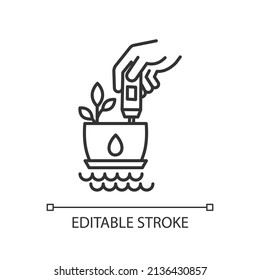 Icono lineal de medición de temperatura del agua. Usar agua a temperatura ambiente. Las plantas de agua. Termómetro. Ilustración de línea delgada. Símbolo de contorno. Dibujo del contorno del vector. Trazo editable. Tipo de letra arial utilizado