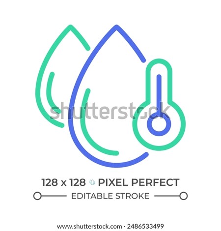 Water temperature two color line icon. Thermometer and water droplets. Temperature control equipment bicolor outline symbol. Duotone linear pictogram. Isolated illustration. Editable stroke