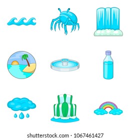 Water test icons set. Cartoon set of 9 water test vector icons for web isolated on white background