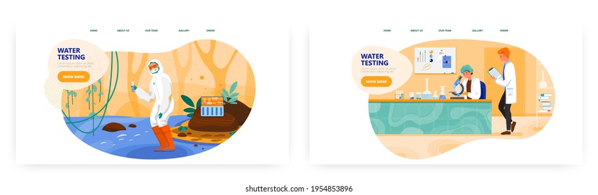 Water testing landing page design, website banner vector template set. Water quality, purity test and analysis in lab.