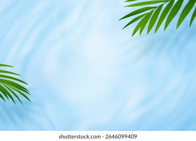 Water texture with palm leaf shadow for Summer background,Vector sun lights on blue clear water waves surface,Abstract background concept banner for Cosmetic,Spa