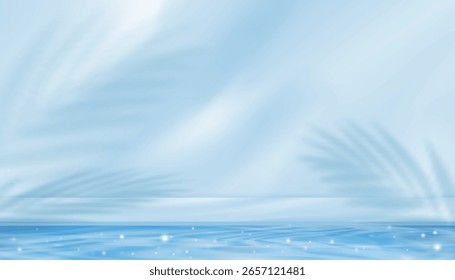 Water texture surface on blue wall background,Backdrop Summer nature light,palm leaves shadow on pool water ripple pattern for cosmetic product podium,Blue background for beautym,spa banner 