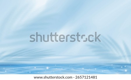Water texture surface on blue wall background,Backdrop Summer nature light,palm leaves shadow on pool water ripple pattern for cosmetic product podium,Blue background for beautym,spa banner 