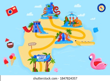 Water Theme Park Vector Illustration. Cartoon Flat Amusement Waterpark Island Map With Water Slides, Hills Tubes And Pools, Banana Boat Ride Aqua Attractions, Kids Aquapark Entertainment Background