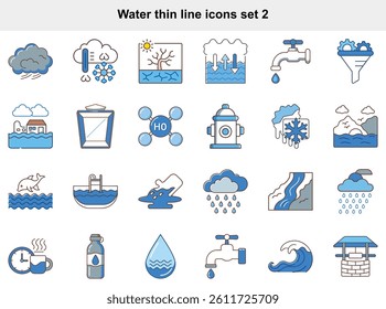 Water Thin Line Icons Set – Aquatic, Weather, Hydration, and Nature Vector Symbols