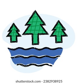 Water and Three Trees Icon. An icon of water and three trees to represent the importance of water for forests and the interconnectedness of all living things.