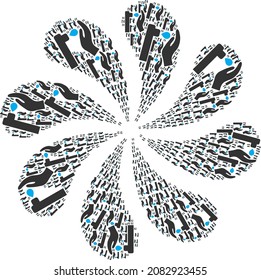 Water thrift hand icon curl twist turbine salute shape. Turbine centrifugal explosion organized using scattered water thrift hand icons.
